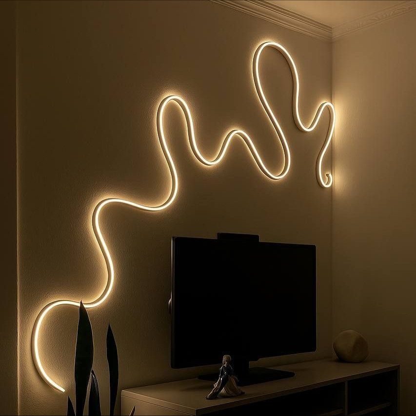 Wavy warm white neon rope light flowing across a beige wall above a television.