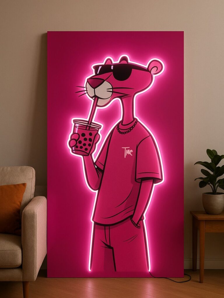 Pink Panther neon sign wearing sunglasses and holding bubble tea in a room