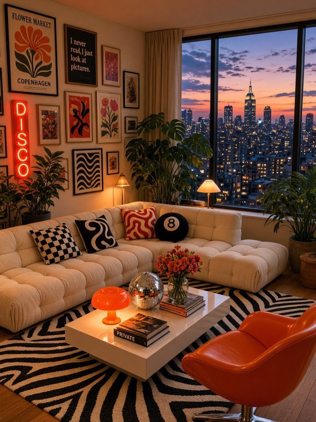 Red neon DISCO sign on a gallery wall in a modern city apartment.