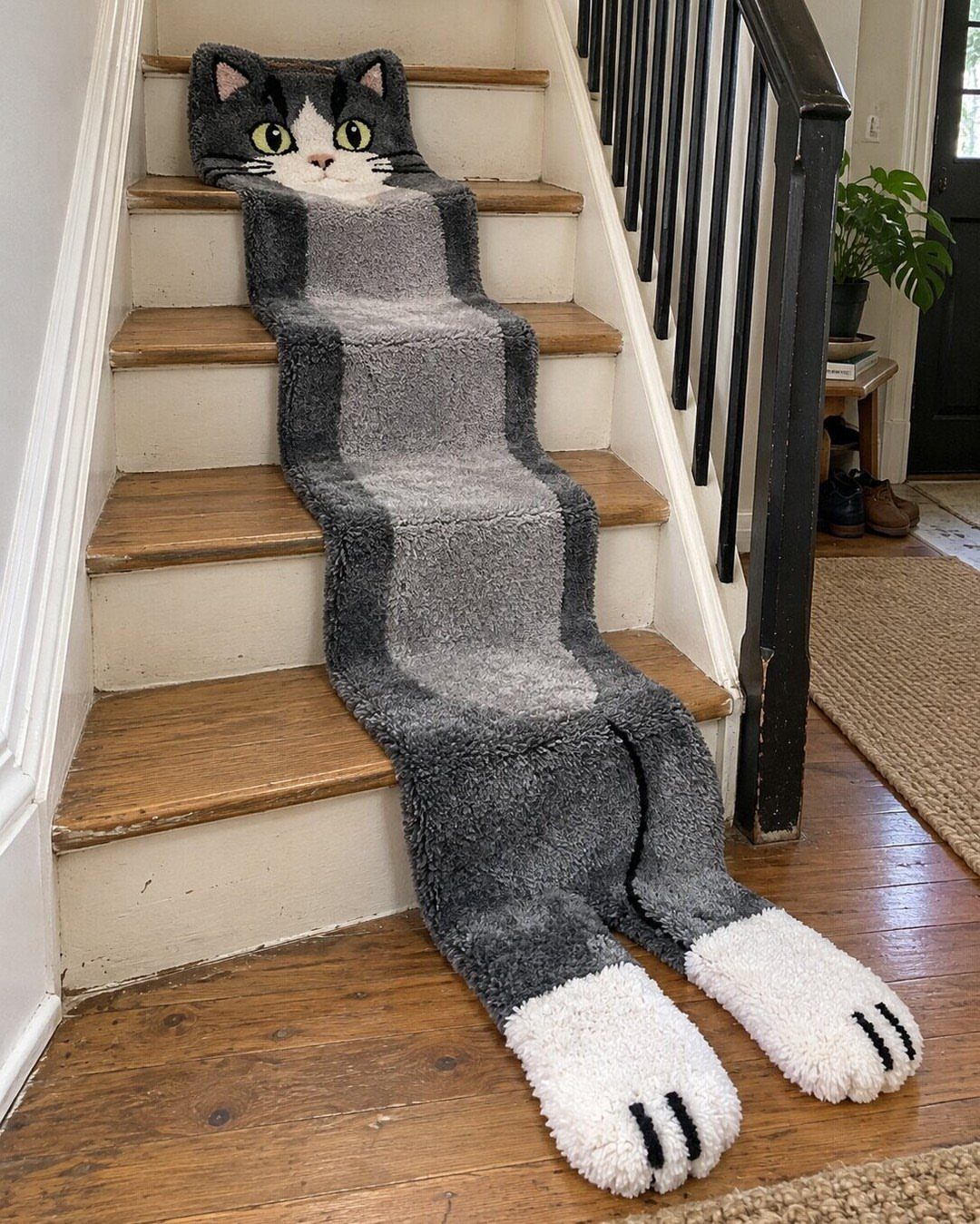 Stairs with Carpet: 23 Styles from Runners to Bold Patterns 23 Cat-shaped grey and white carpet runner stretching down a set of wooden stairs.