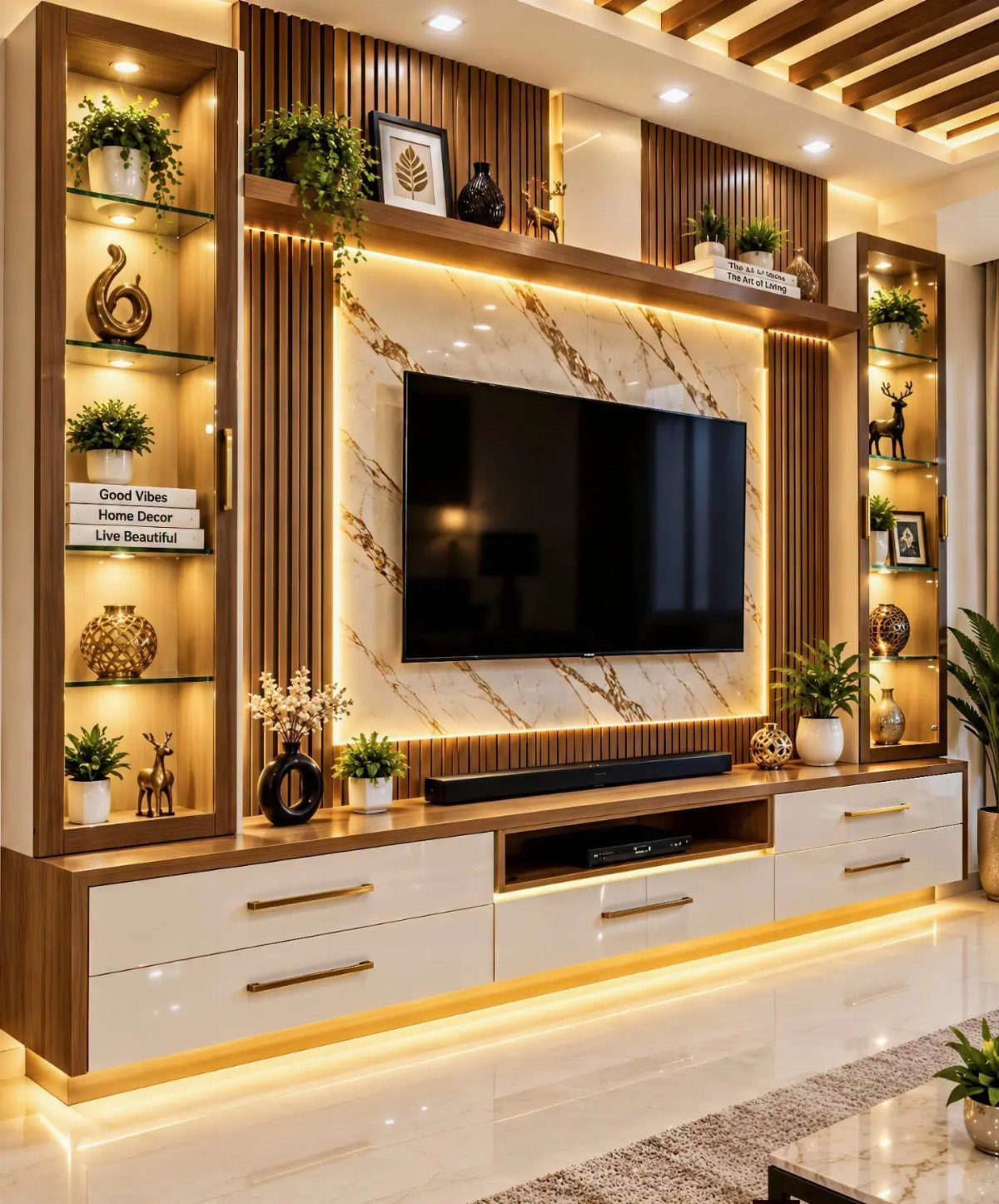 Oak TV Unit Ideas: 17 Styles from Floating to Built-in 6 Modern entertainment center with white drawers, marble wall panel, and illuminated glass cabinets.