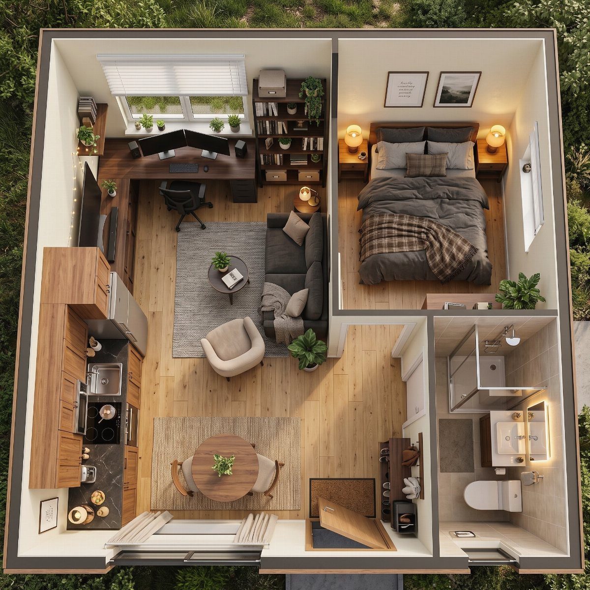 Tiny House Layout Ideas: 34 Kitchens, Lofts, Decks, Porches 3 Top-down 3D floor plan of a one-bedroom tiny house with modern wooden interiors.