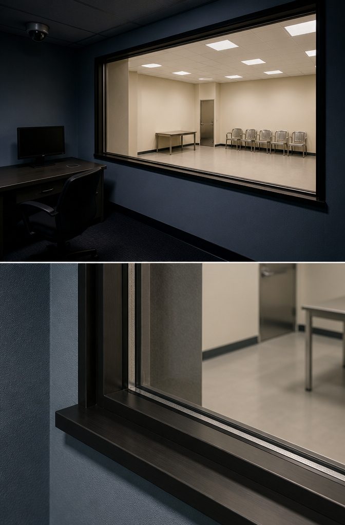 One-way mirror between a bright room and a dark observation room
