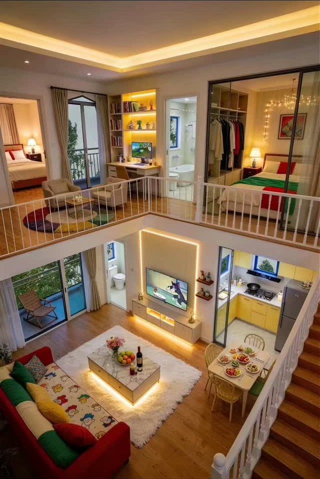 Tiny House Layout Ideas: 34 Kitchens, Lofts, Decks, Porches 14 Modern two-level tiny home interior with a ground floor living area and upper loft bedroom.