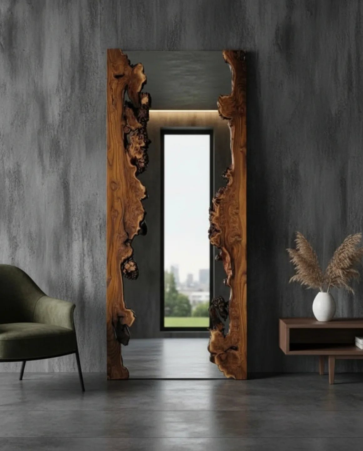 Mirror Wall Art: 25 Ideas from Sunburst to Floor Mirrors 8 Full-length mirror with an organic, irregular natural wood frame against a grey wall.