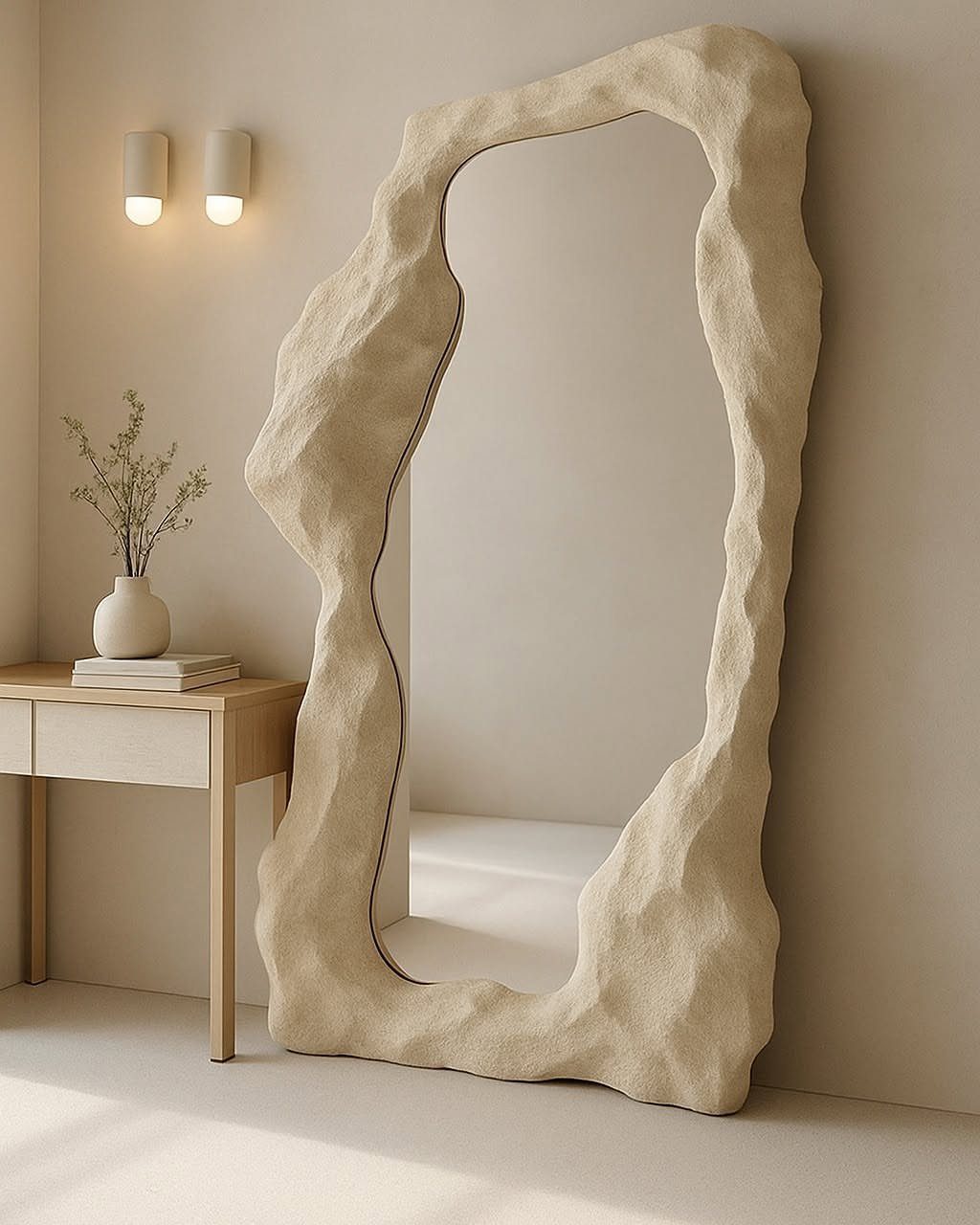 Asymmetrical full-length mirror with a textured beige organic frame leaning against a wall.