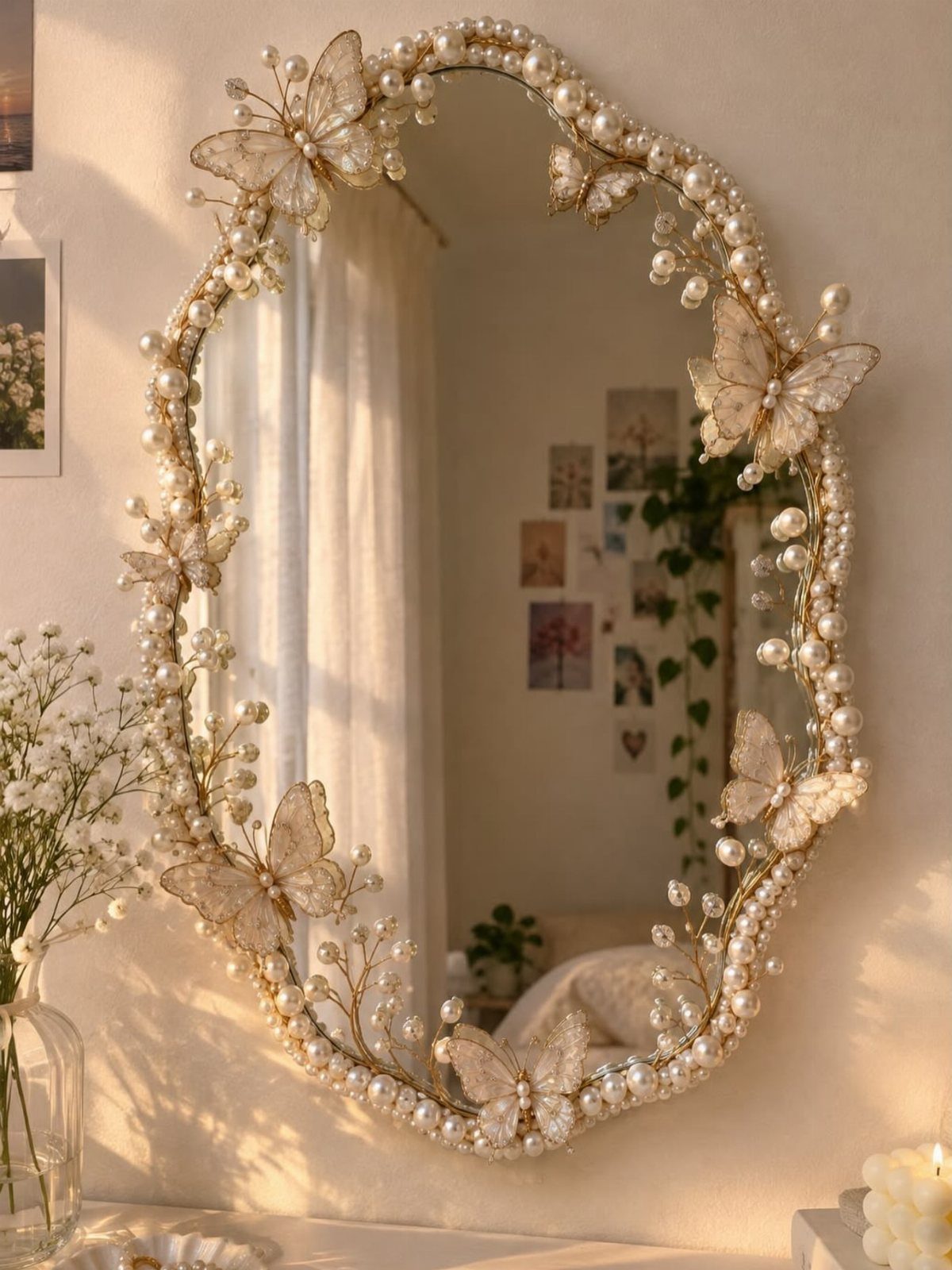 Mirror Wall Art: 25 Ideas from Sunburst to Floor Mirrors 2 Oval mirror with an ornate gold frame featuring pearls and decorative butterflies.