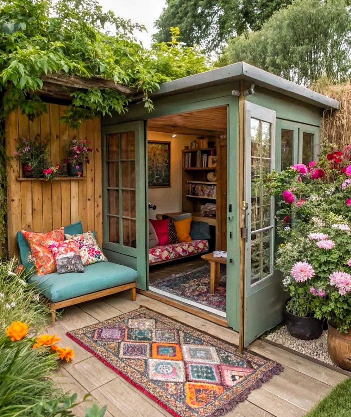 Green garden shed reading nook with colorful pillows, bookshelves, and outdoor lounge seating.
