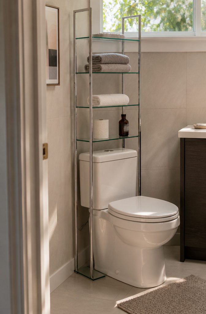 Rental Friendly Shelves for Apartments, Bathrooms, and Closets 4 Three freestanding storage units positioned over a bathroom toilet