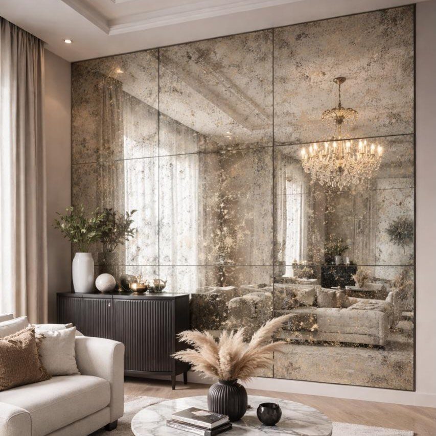 Large antiqued mirror wall reflecting a crystal chandelier in a modern living room.