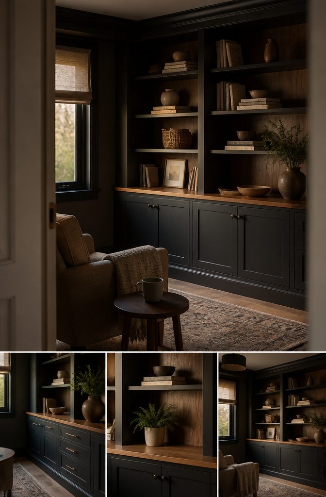 How to Build IKEA HAVSTA Built Ins With Trim, Frame and Paint 5 Dark painted HAVSTA cabinets beside stained red oak shelf trim