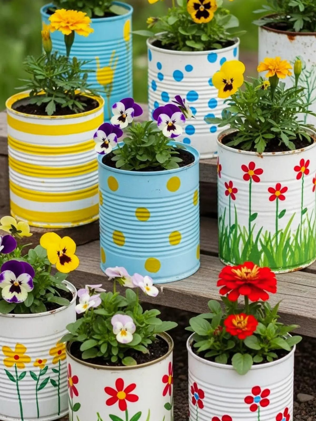 House Plant Pots: 21 Ideas in Ceramic, Terracotta and Metal 10 Painted metal tin planters with colorful flowers arranged on a wooden surface.
