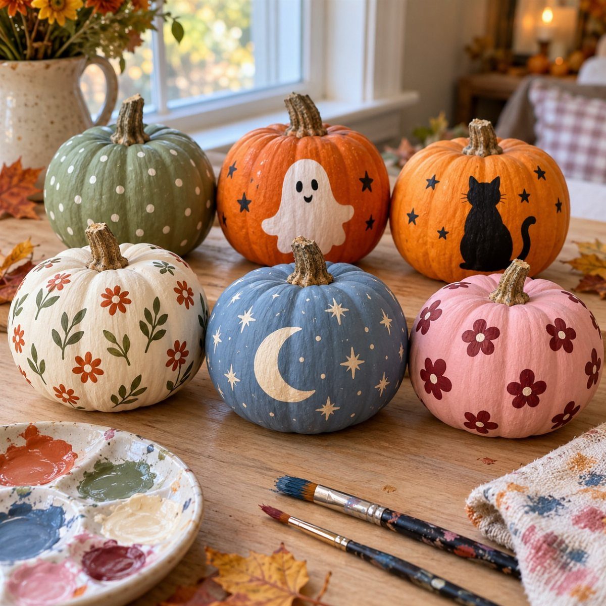 Painted pumpkins with ghosts, cats, and flowers on a wooden table with art supplies.