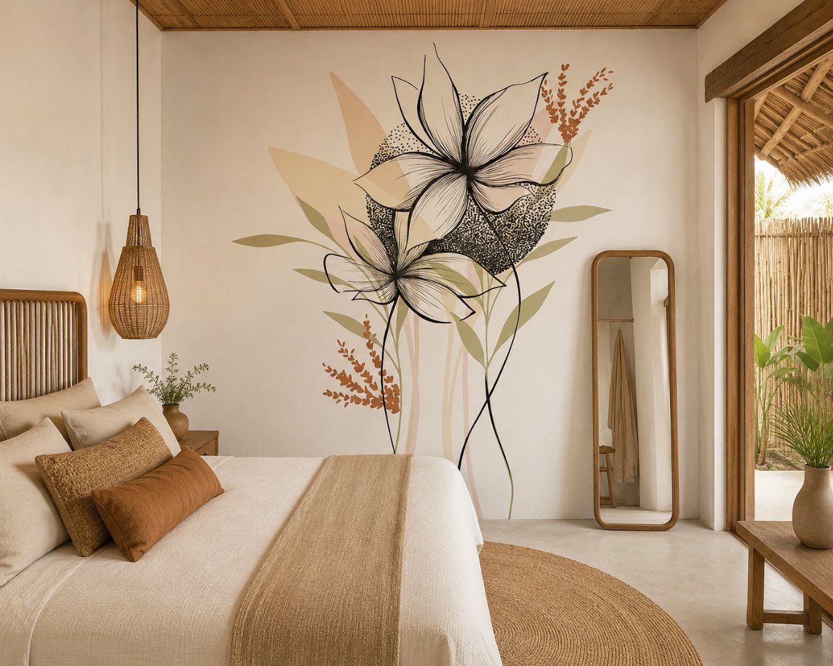 22 Bedroom Empty Wall Ideas, from Gallery Walls to Plaster 14 Large floral wall mural in a bright bedroom with neutral bedding and mirror.