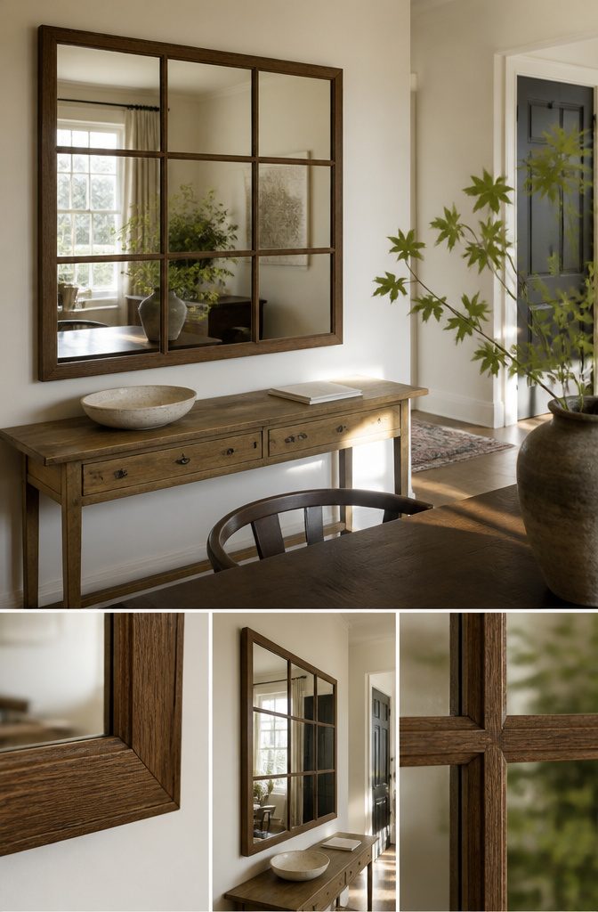 How to Make a Mirror Wall: 6 Ways, From Panels to Framed Glass 2 Nine small mirrors set within stained wood trim on a square backing