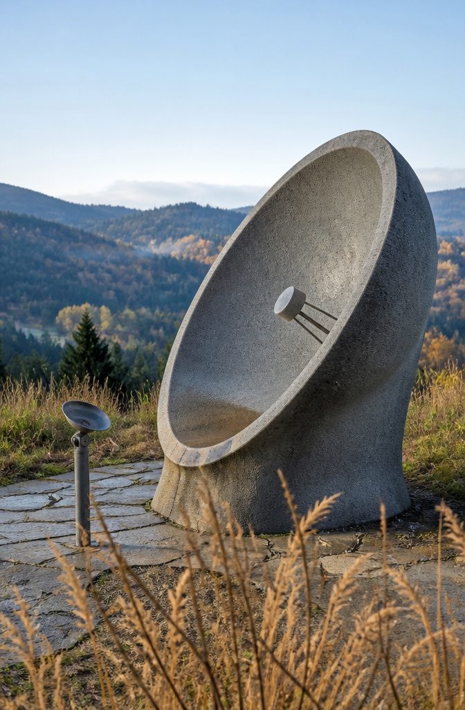Concrete acoustic mirror dish facing an open field with a receiver nearby