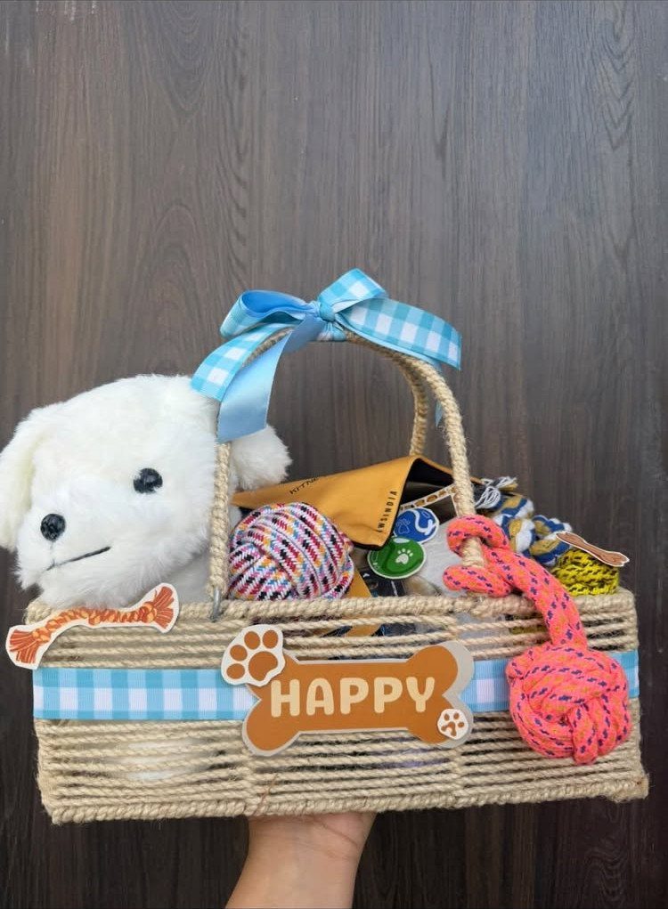 Pet lover's gift basket with a plush dog, rope toys, and blue ribbons.