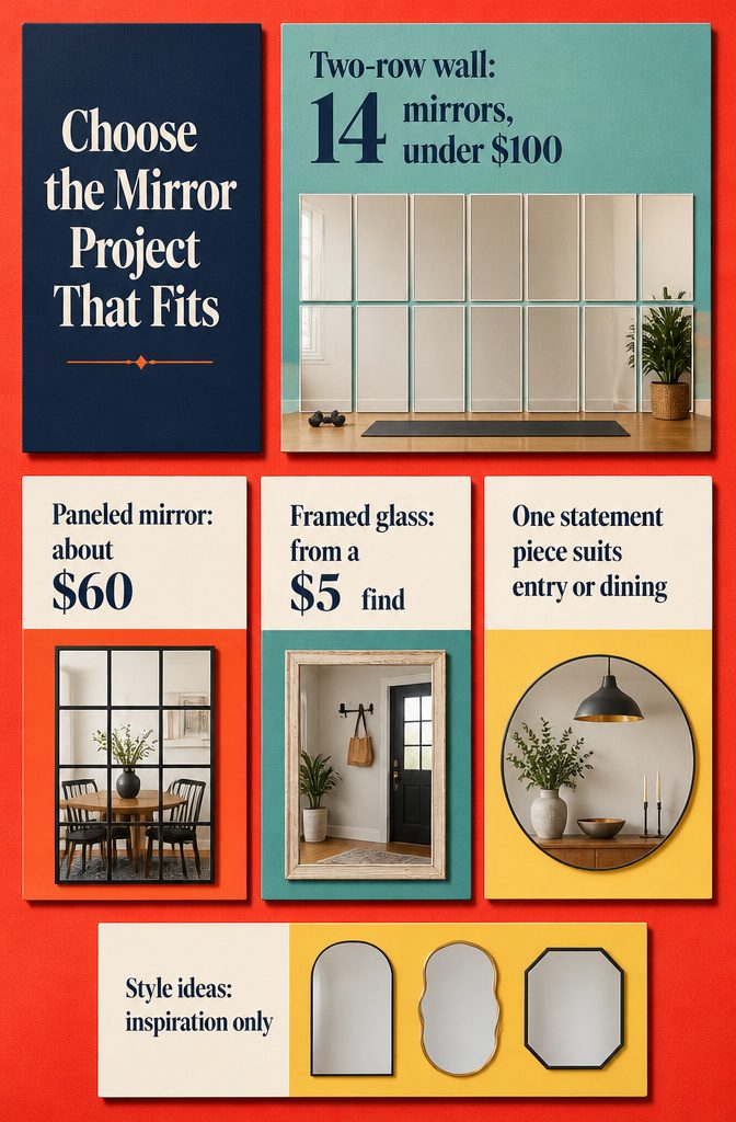 How to Make a Mirror Wall: 6 Ways, From Panels to Framed Glass 7 Mirror project comparison graphic for choosing a home interior project