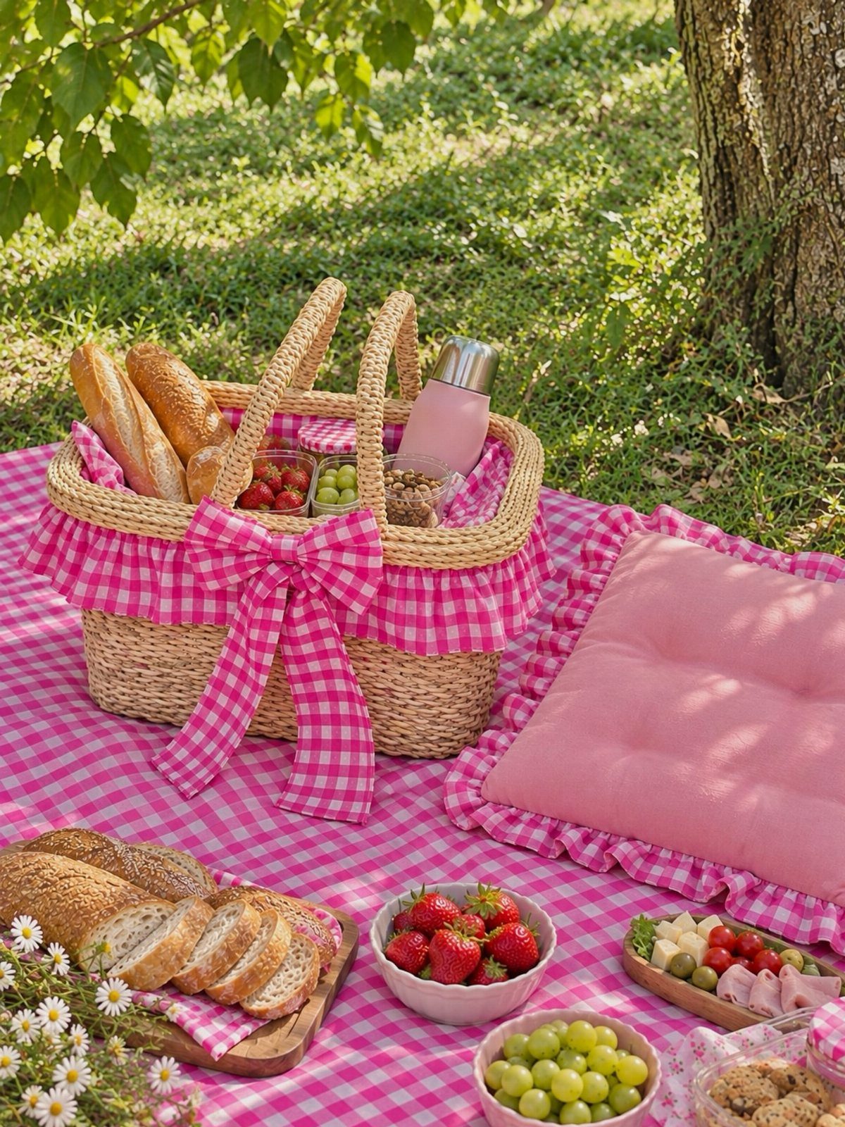 Woven picnic basket with pink gingham bow and food on a checkered blanket.