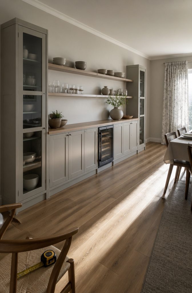 How to Build IKEA HAVSTA Built Ins With Trim, Frame and Paint 1 HAVSTA cabinets and floating shelves arranged along a dining room wall