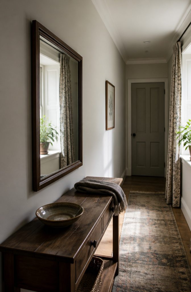 Rectangular dark wood mirror reflecting a patterned curtain and leafy plant in a hallway