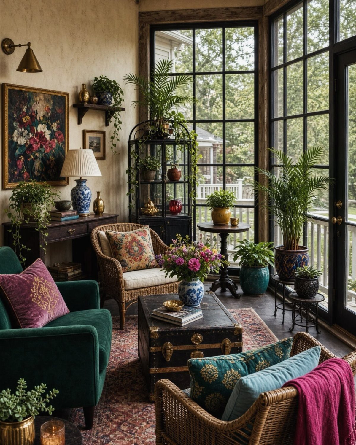 Potted green plants arranged by large black-framed windows in a cozy living room