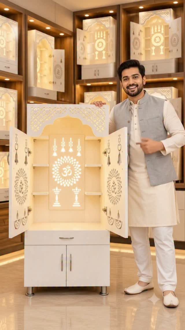34 Puja Unit Design Modern Ideas for Your Home in 2026 15 White wooden pooja unit with an illuminated interior and a storage cabinet below.