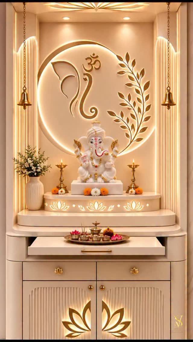 34 Puja Unit Design Modern Ideas for Your Home in 2026 10 Modern white pooja unit with a circular backlit backdrop and Ganesha idol.