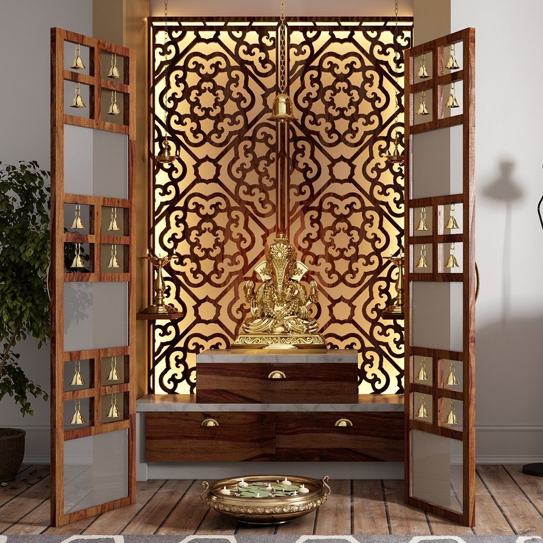 34 Puja Unit Design Modern Ideas for Your Home in 2026 19 Modern wooden puja unit with golden Ganesha idol and decorative brass bells in doors