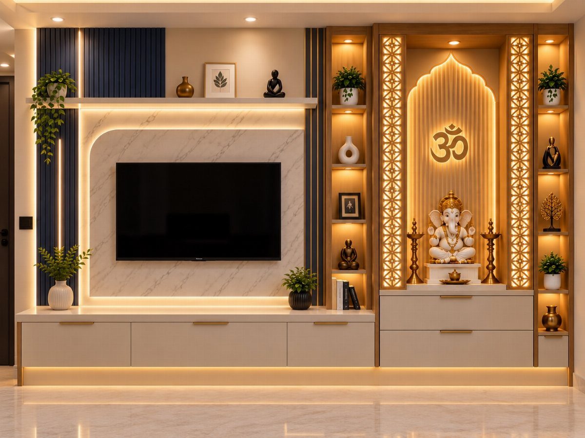34 Puja Unit Design Modern Ideas for Your Home in 2026 26 Modern TV unit integrated with a backlit Ganesha pooja mandir and marble backdrop.