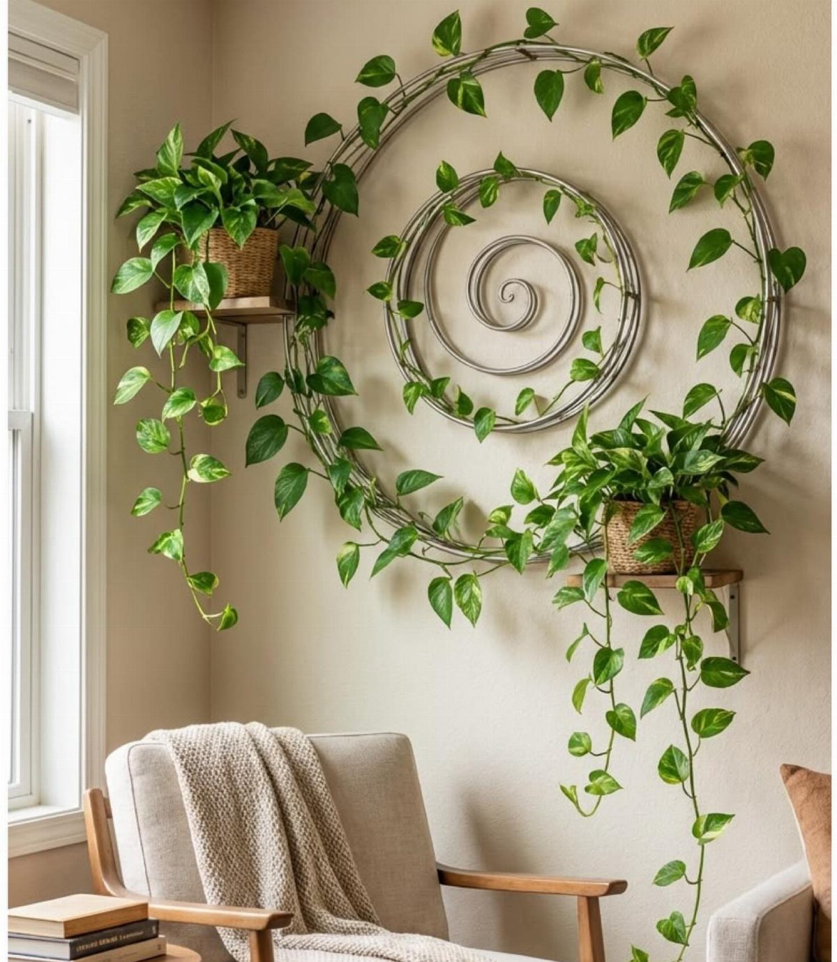 Pothos plants growing on a circular metal spiral wall trellis in a living room.