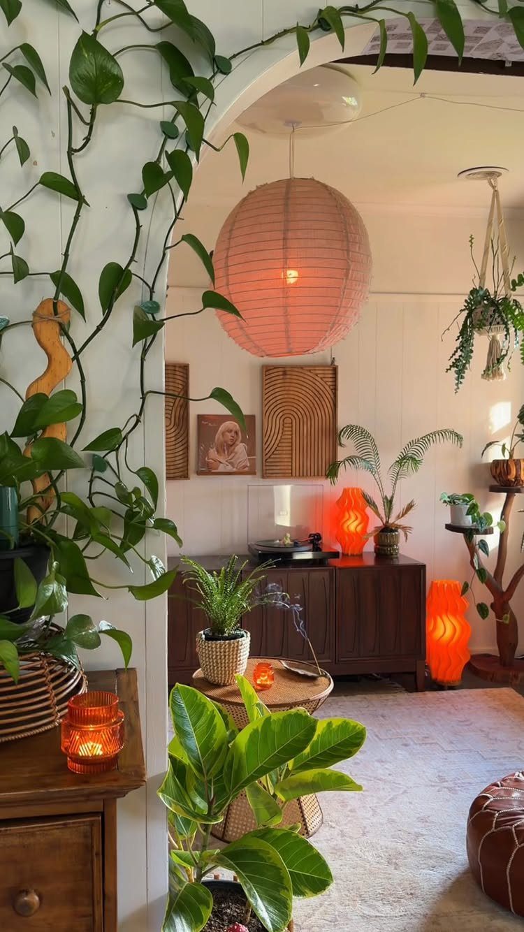 Various potted greenery and climbing vines in a cozy room with warm orange lighting.