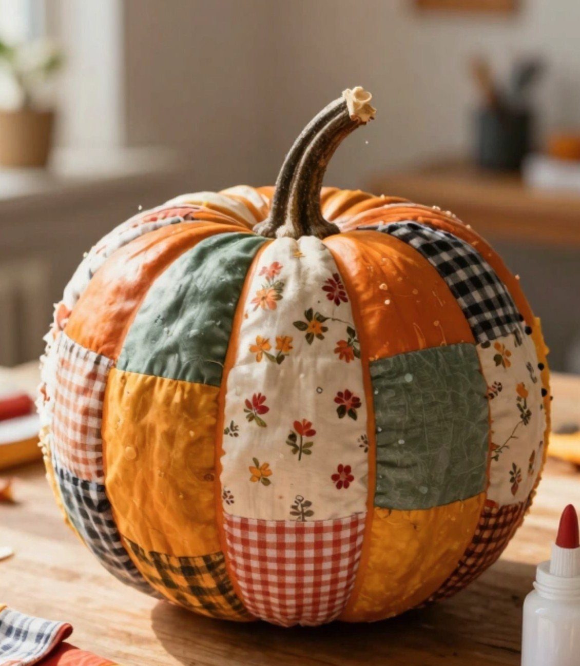 Patchwork fabric covered pumpkin with floral and gingham patterns on a wooden table.