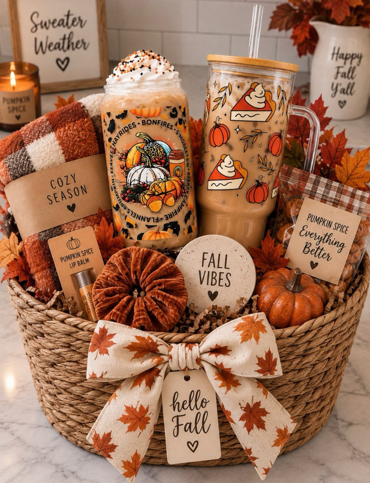 Autumn-themed gift basket with pumpkin spice drinks, plaid blanket, and fall decorations.