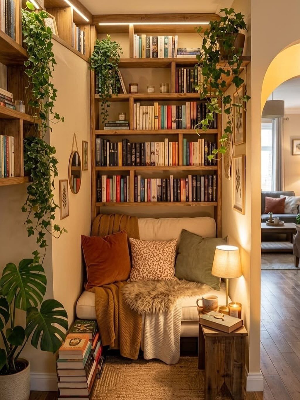 Cozy reading nook with built-in bookshelves, plush cushions, and trailing indoor plants.
