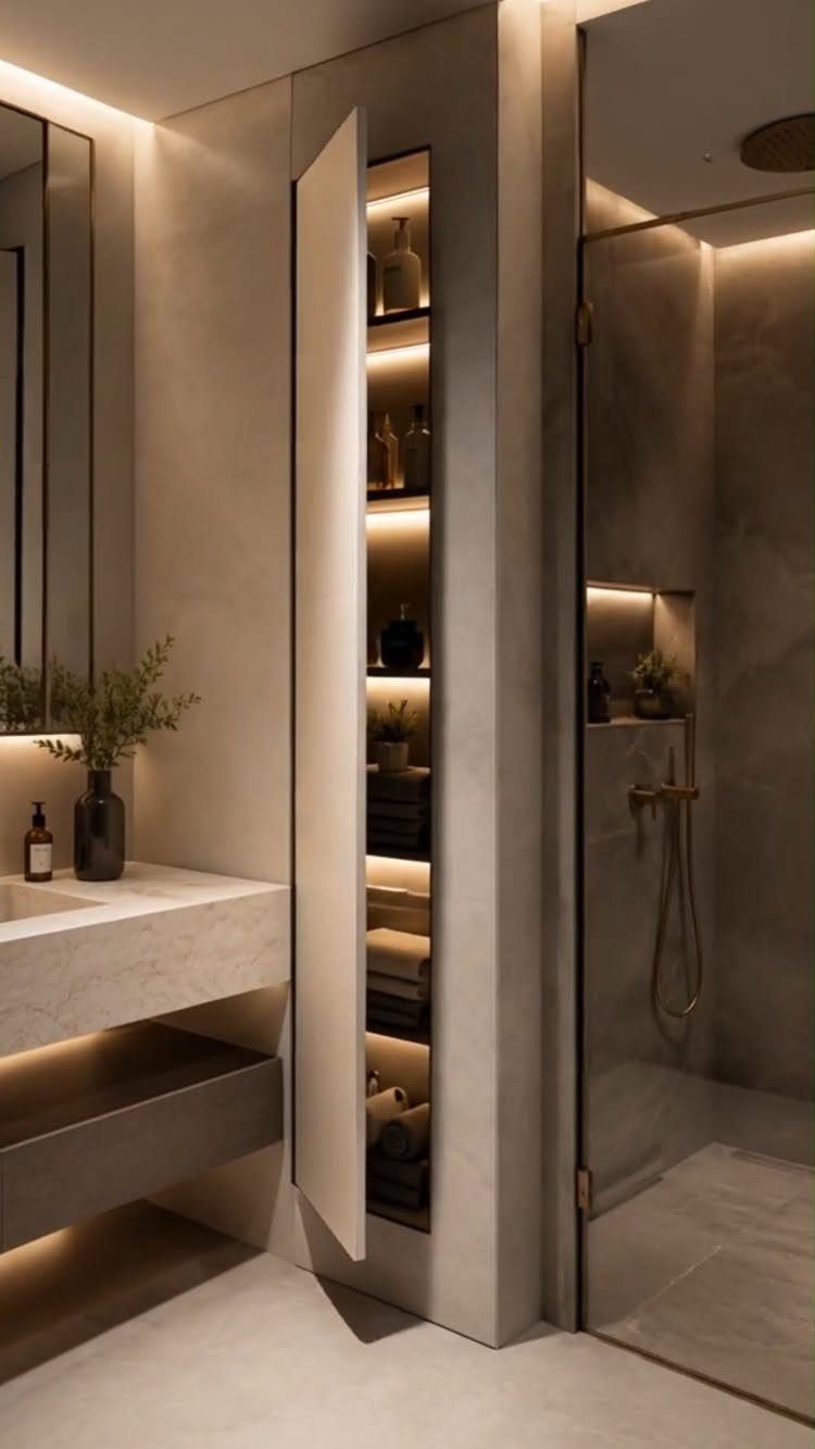 Bathroom Shelf Unit Ideas: 28 Storage and Display Options 9 Recessed bathroom shelving unit with warm LED lighting and amber glass bottles.
