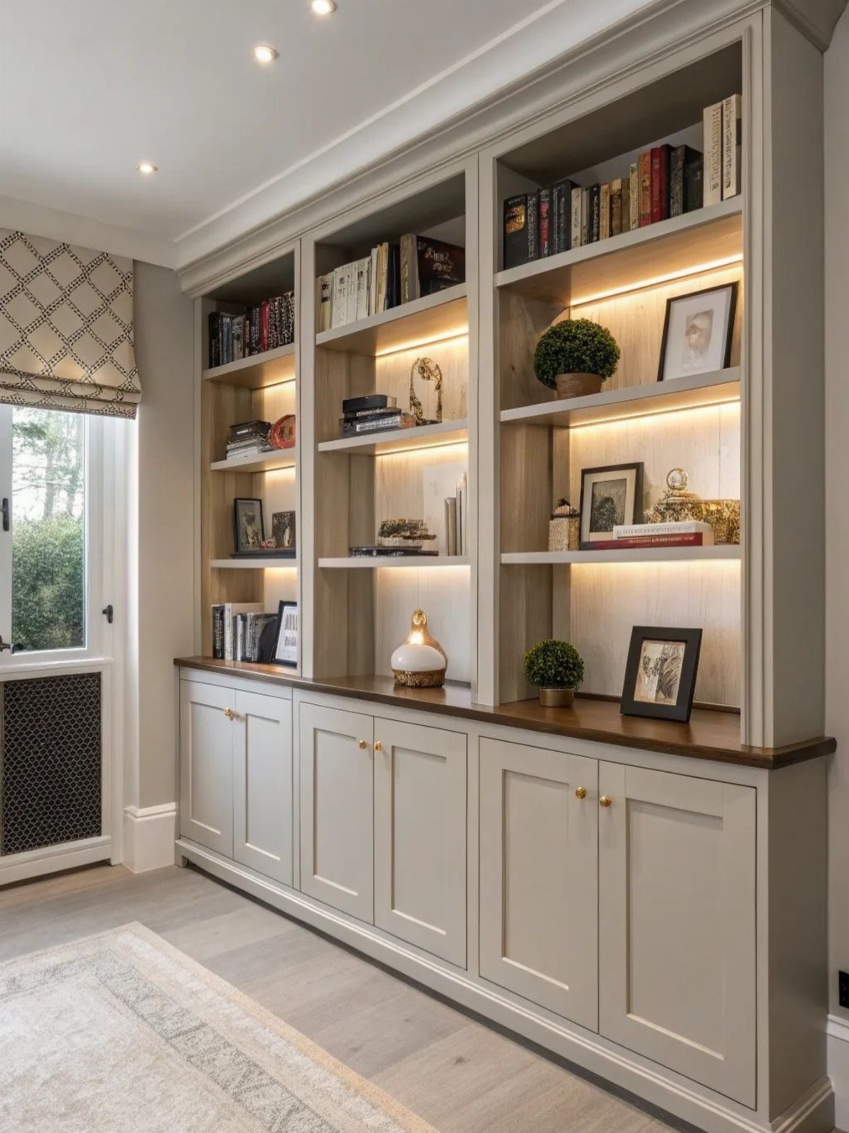 12 Ideas for Book Storage From Floating Shelves to Side Tables 11 Built-in recessed wall shelves with integrated lighting, books, and gray cabinetry.