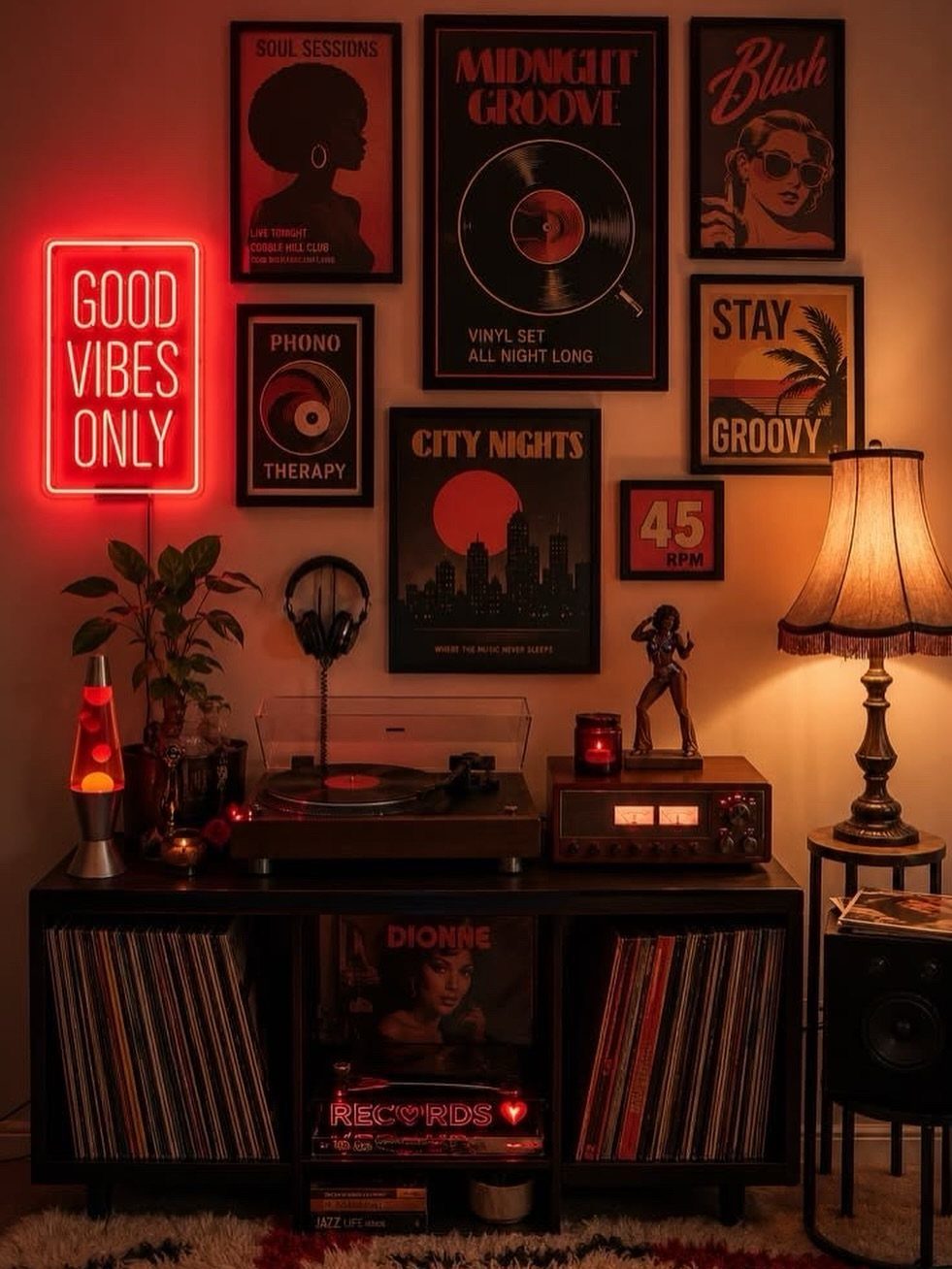 13 Alt Room Decor Ideas with Moody Colors, Wood, and Plants 5 Record player station with vinyl records, music posters, and a red neon sign.