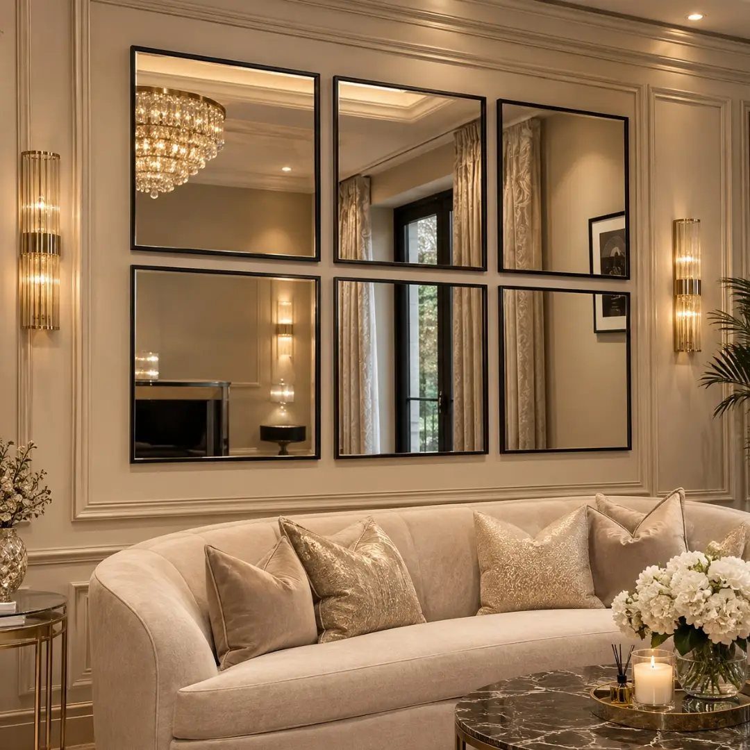 Mirror Wall Art: 25 Ideas from Sunburst to Floor Mirrors 7 Six rectangular black-framed mirrors arranged in a grid above a cream sofa.
