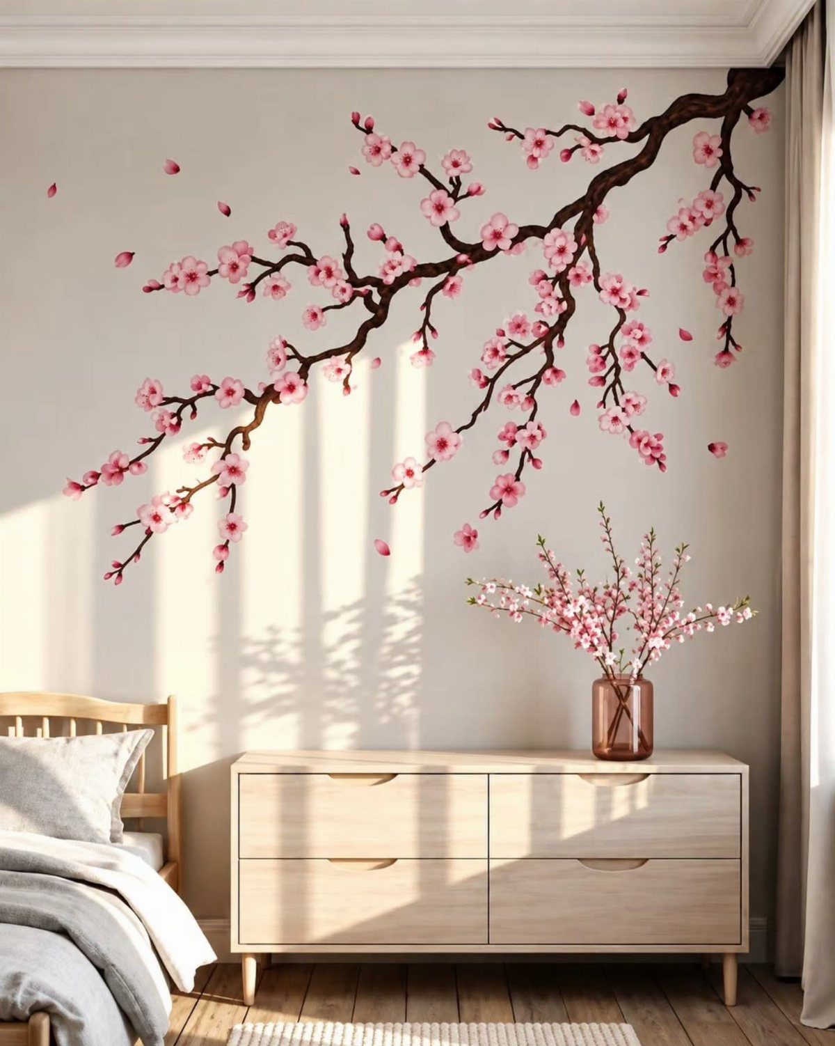 22 Bedroom Empty Wall Ideas, from Gallery Walls to Plaster 6 Cherry blossom branch wall decal above a light wood dresser in a bedroom.