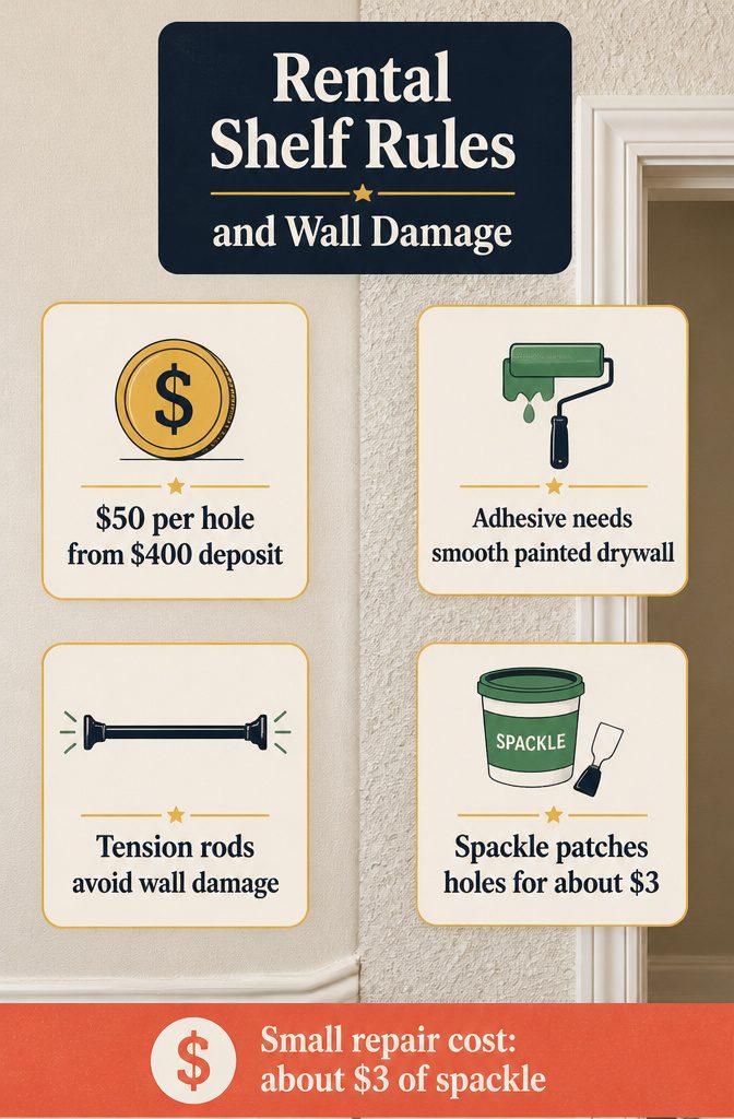 Rental Friendly Shelves for Apartments, Bathrooms, and Closets 14 Rental shelf rules infographic showing wall damage and storage options