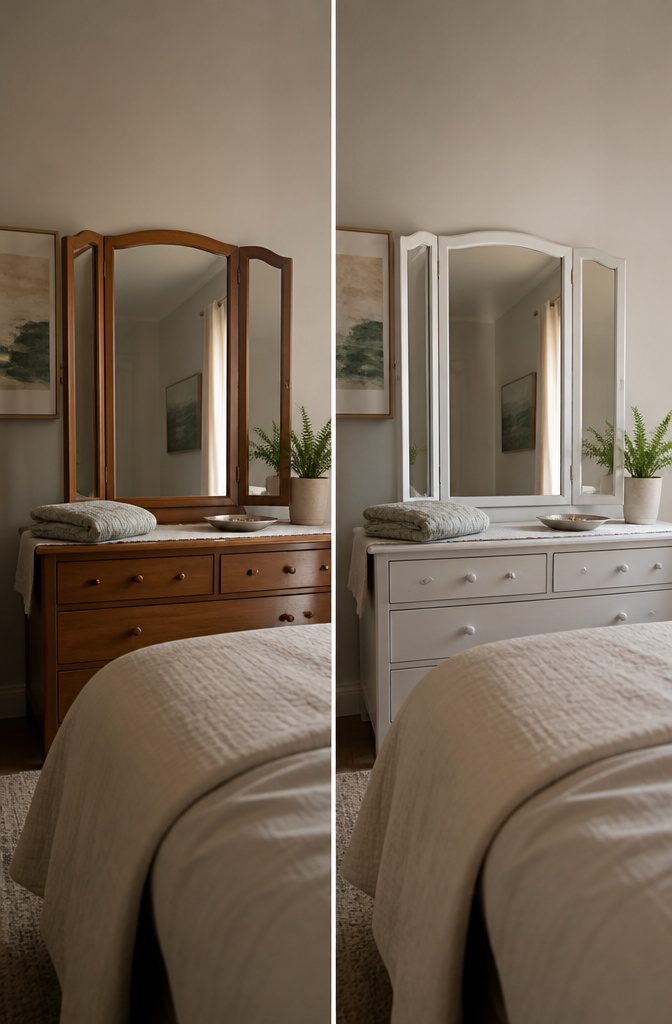 How to Make a Mirror Wall: 6 Ways, From Panels to Framed Glass 3 White trifold dresser mirror mounted against a yellow wall