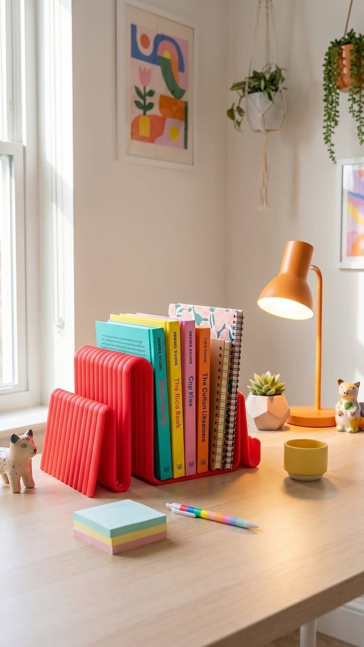 23 Cool House Items for Walls, Shelves, Desks, and Baths 21 Red ribbed magazine rack holding colorful books on a light wood desk.