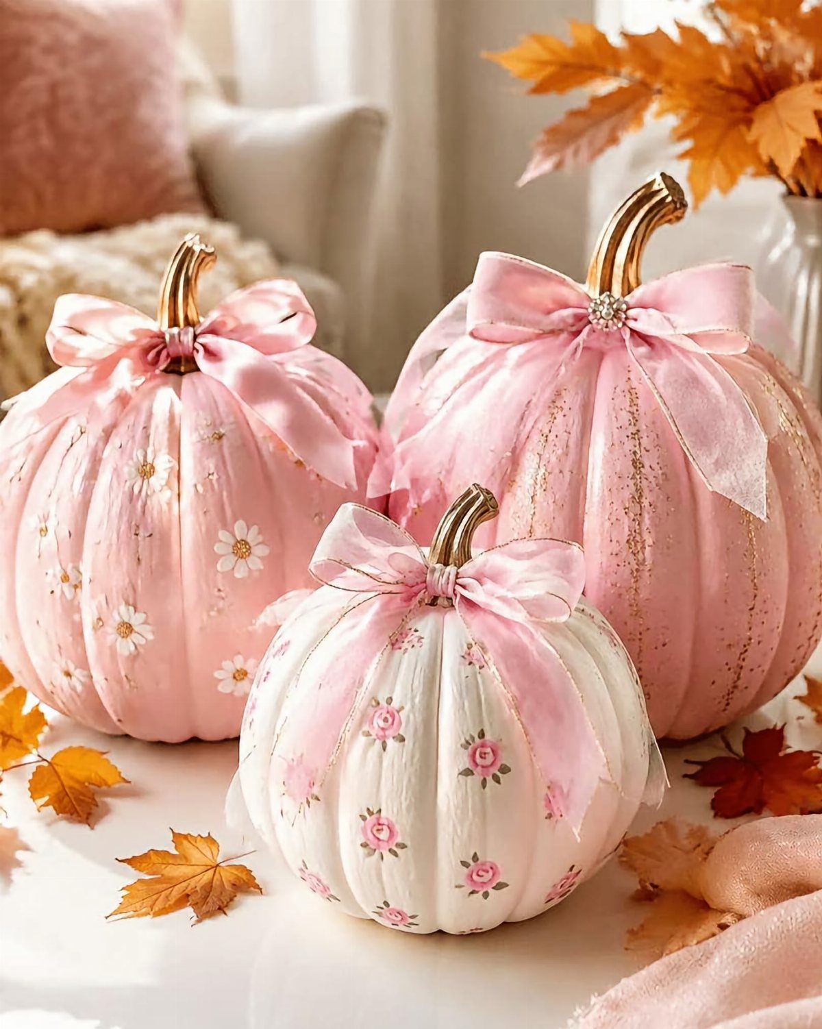 Pink and white floral pumpkins with pink ribbon bows and gold stems.