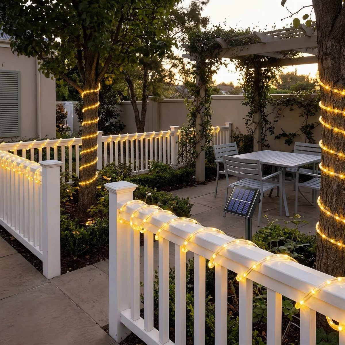 13 Rope Lighting Ideas Outdoor for Decks, Steps and Fences 9 Warm yellow rope lighting wrapped around trees and a white outdoor fence.