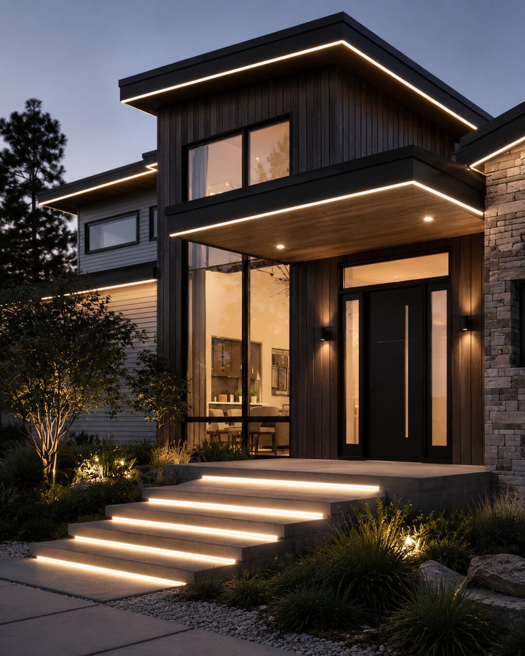 13 Rope Lighting Ideas Outdoor for Decks, Steps and Fences 8 Modern house exterior at dusk with rope lighting on eaves and stairs