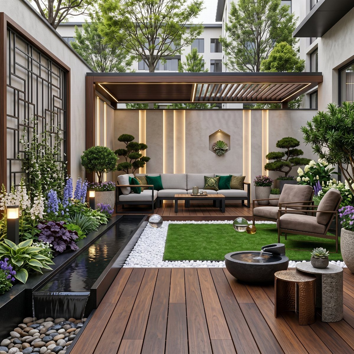 13 Rope Lighting Ideas Outdoor for Decks, Steps and Fences 6 Modern outdoor patio featuring vertical rope lighting on walls and a lit pergola ceiling.