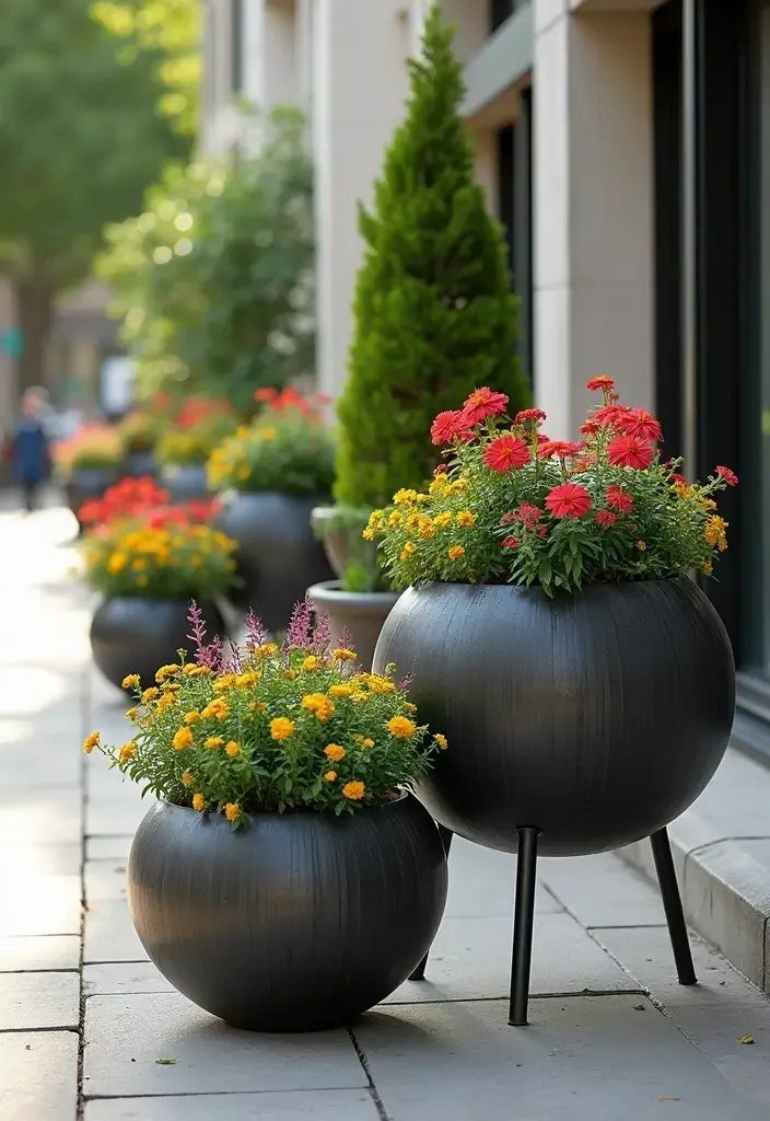 38 Flower Pot on Stand Ideas, from Iron Frames to Pedestals 27 Black spherical planters with colorful flowers sitting on a stone sidewalk.