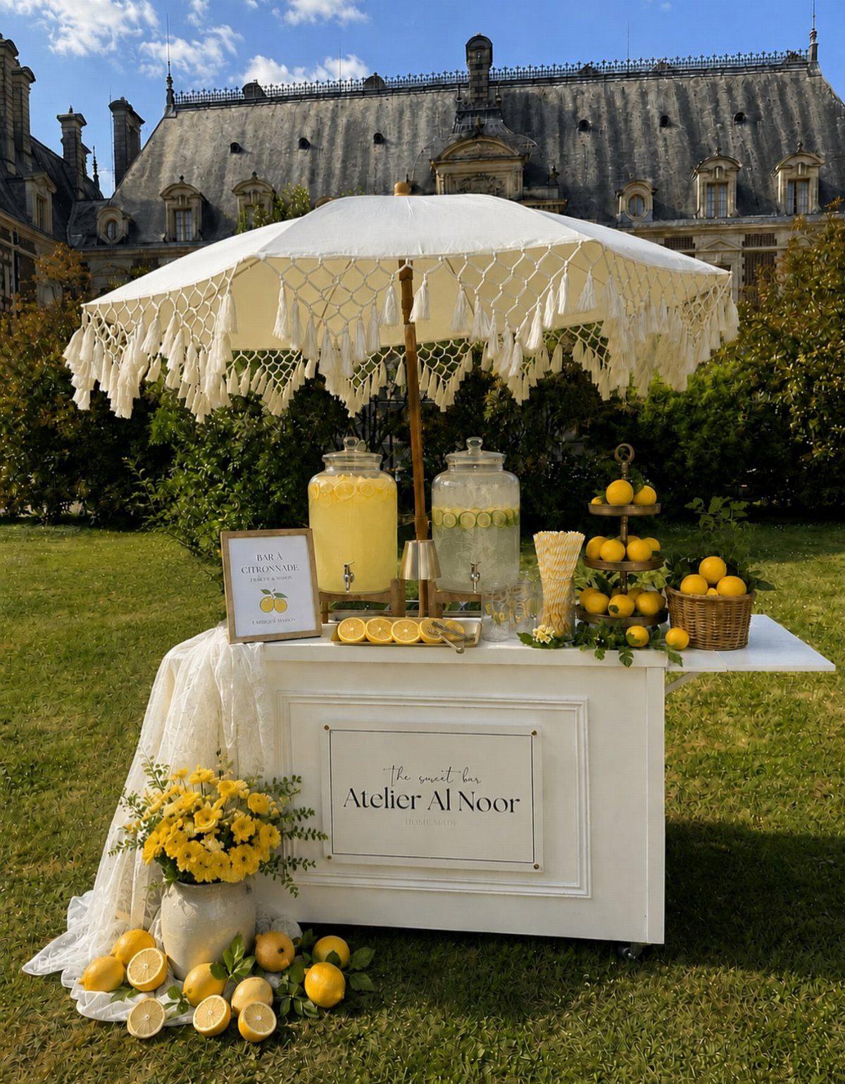 White drink cart with beverage dispensers and a fringed umbrella on a green lawn.