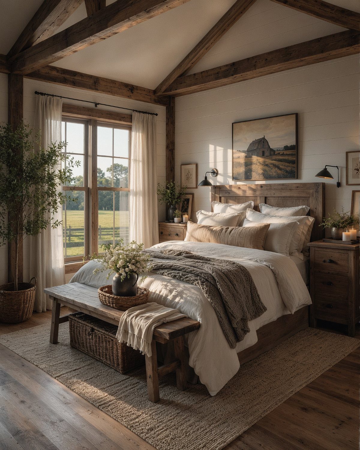 Rustic bedroom with exposed wooden beams, white linens, and a view of nature.
